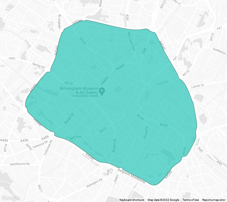 grey and blue map of Birmingham showing the Clean Air Zone